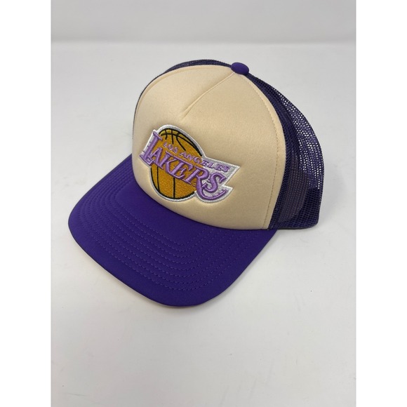 Mitchell & Ness Lakers Trucker Hat Snapback Purple Cream NBA Adjustable Cap - Picture 6 of 6